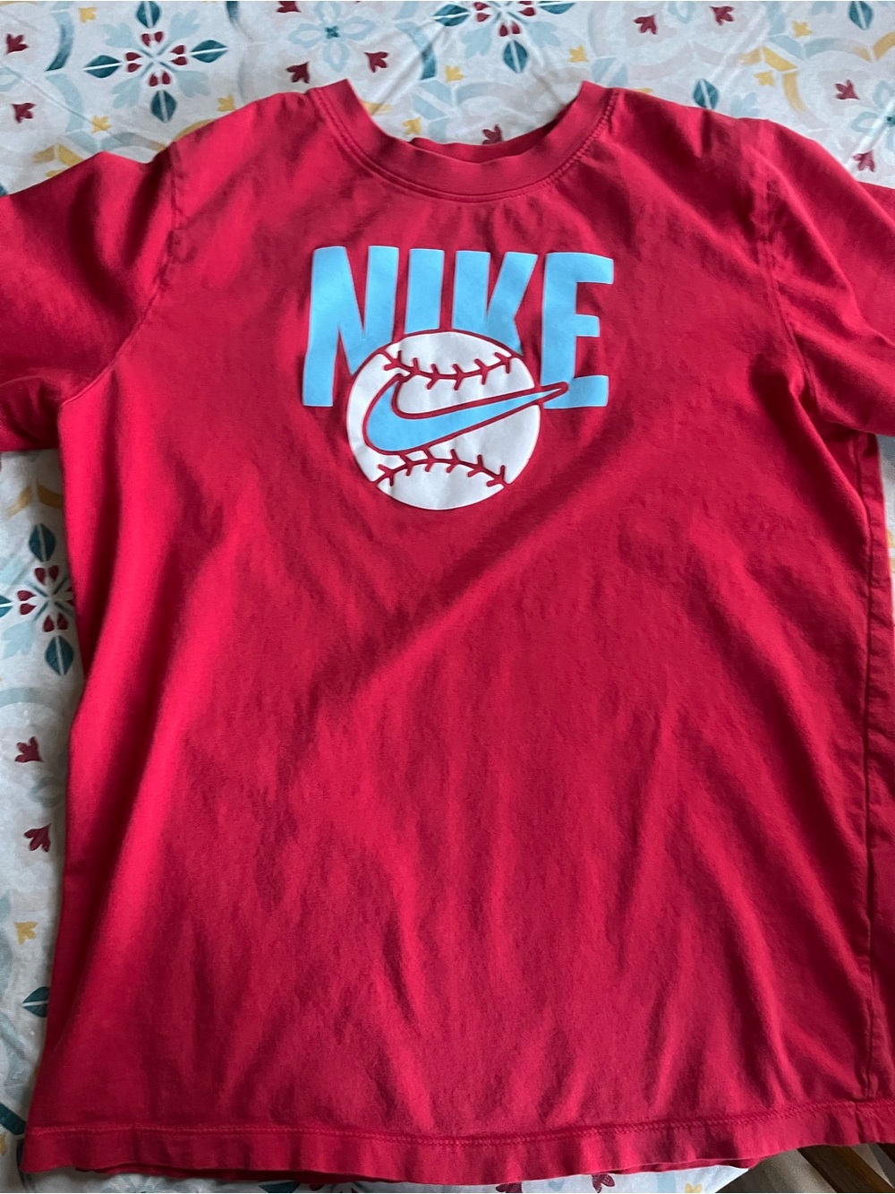 Nike Red Short Sleeve Tee with Light Blue Logo